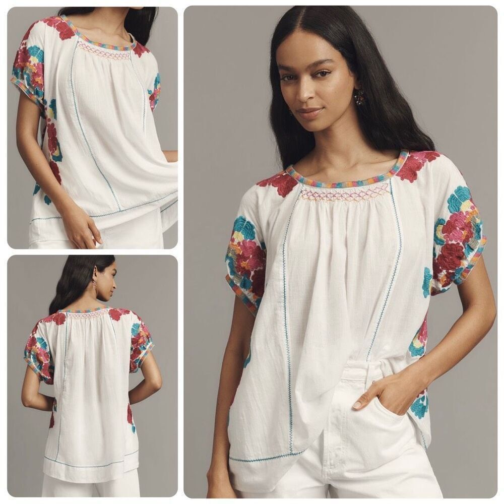 ANTHROPOLOGY Short-Sleeve Embroidered Tunic Top